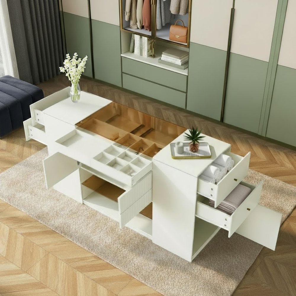 33" White Wood And Glass Six Drawer Island Vanity Dresser