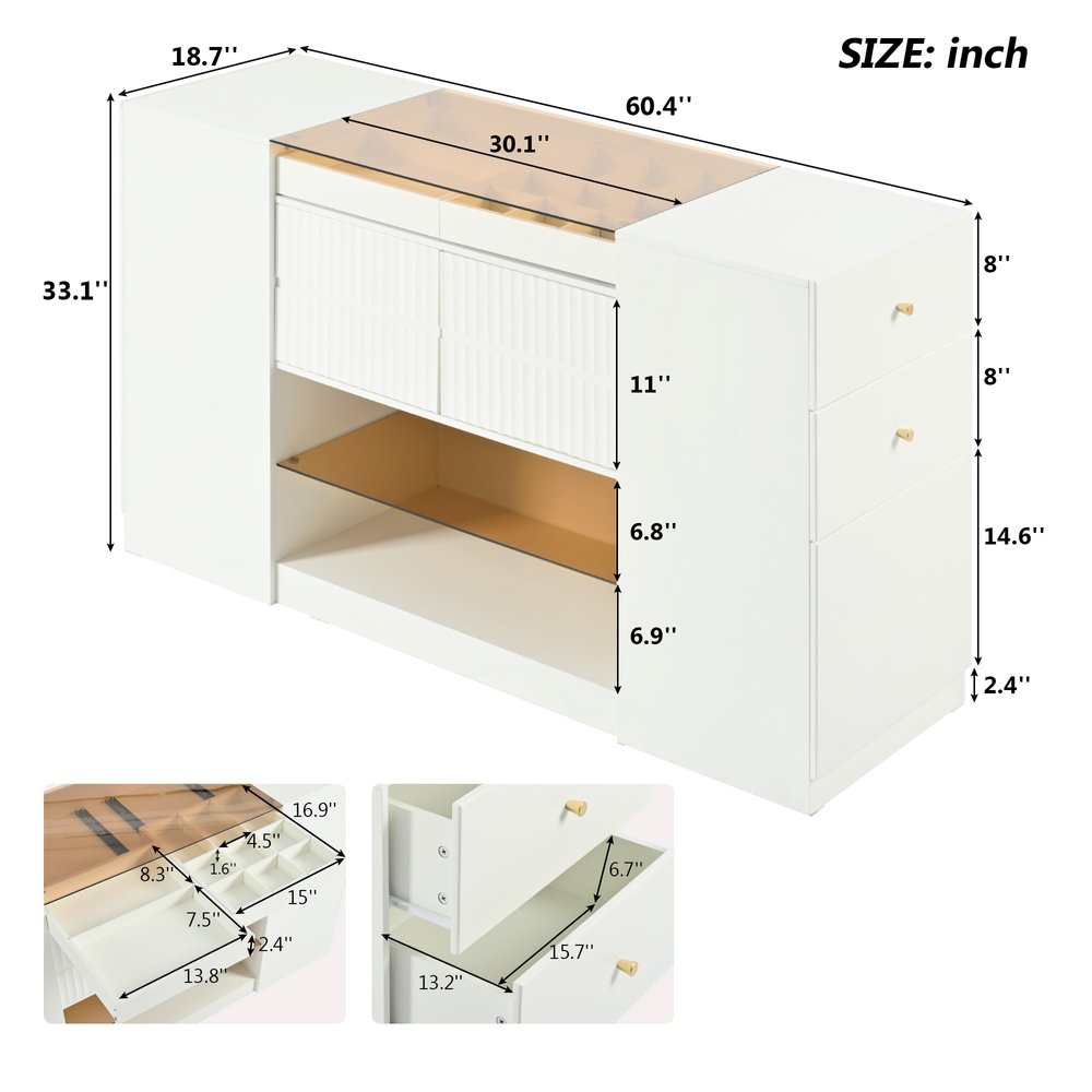 33" White Wood And Glass Six Drawer Island Vanity Dresser