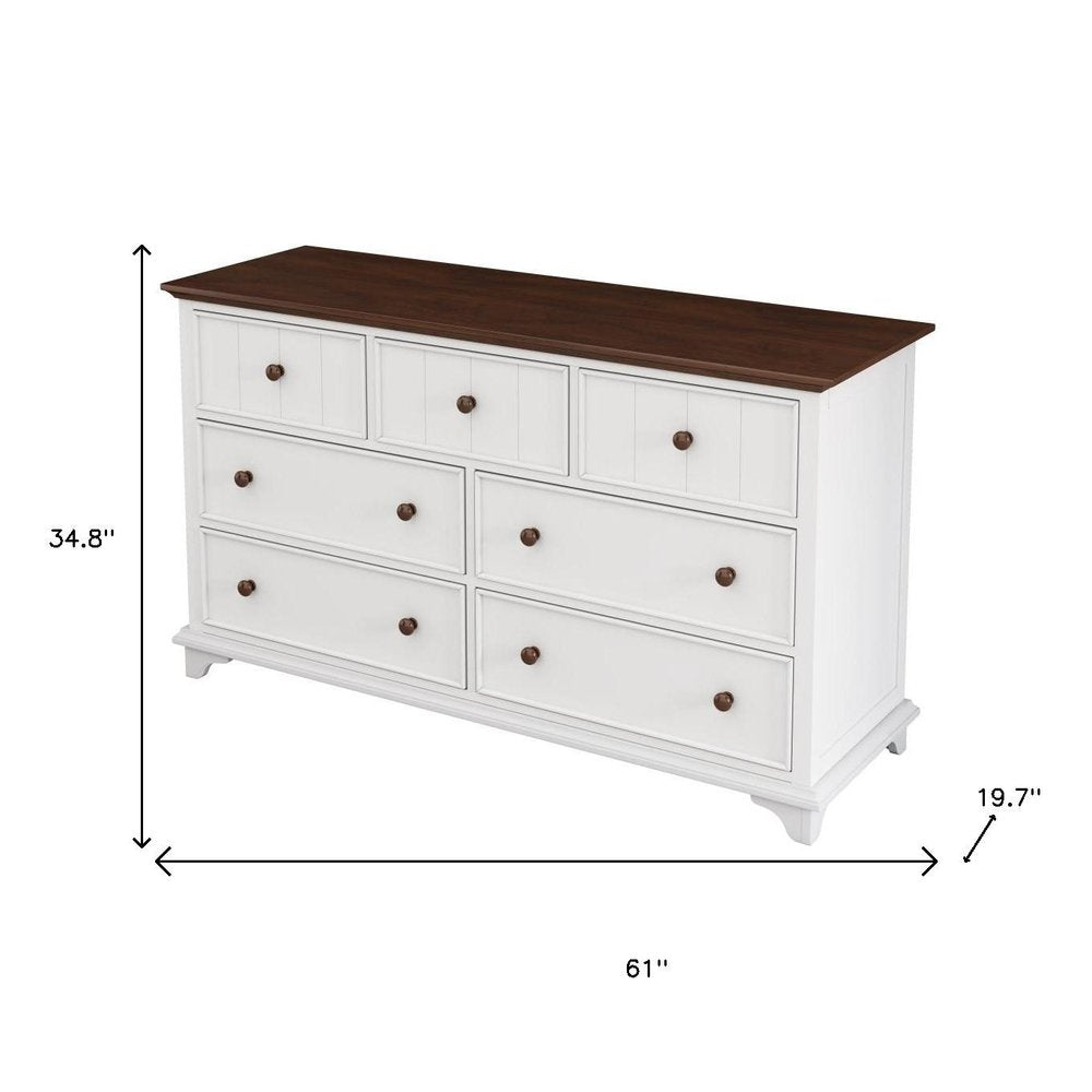 61" White And Walnut Wood Seven Drawer Captains Dresser