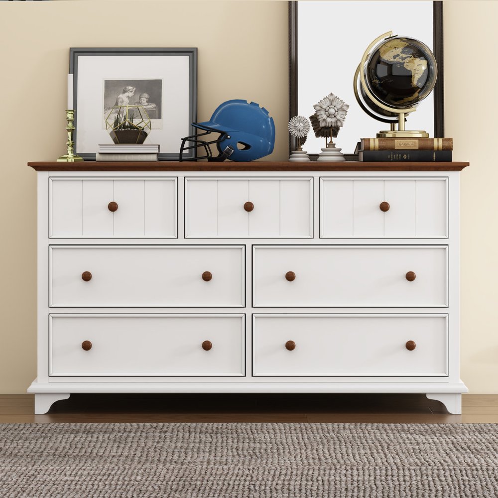 61" White And Walnut Wood Seven Drawer Captains Dresser