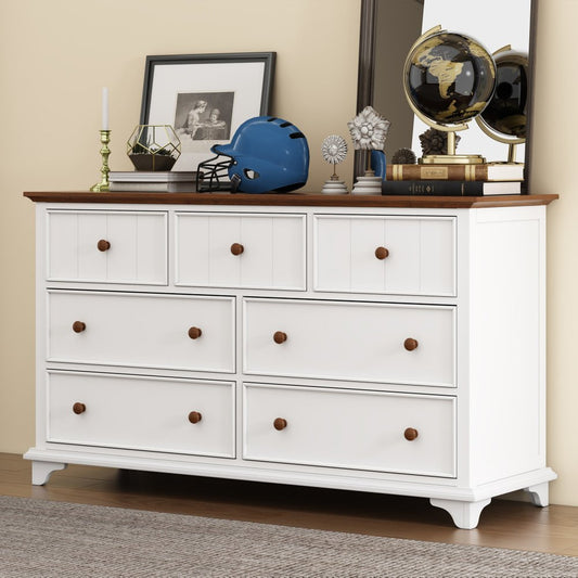 61" White And Walnut Wood Seven Drawer Captains Dresser