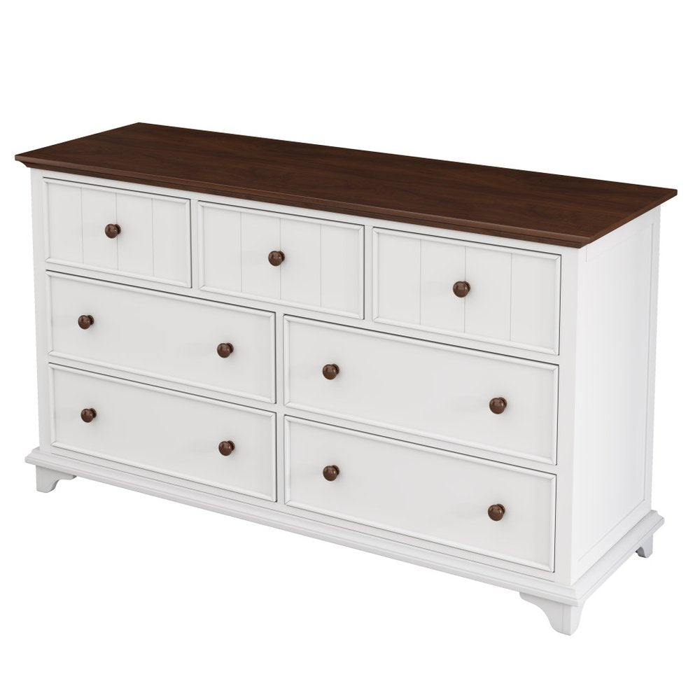 61" White And Walnut Wood Seven Drawer Captains Dresser