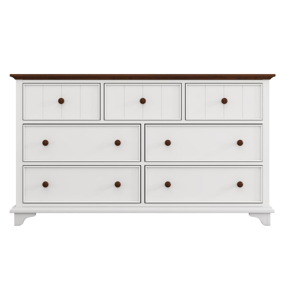 61" White And Walnut Wood Seven Drawer Captains Dresser
