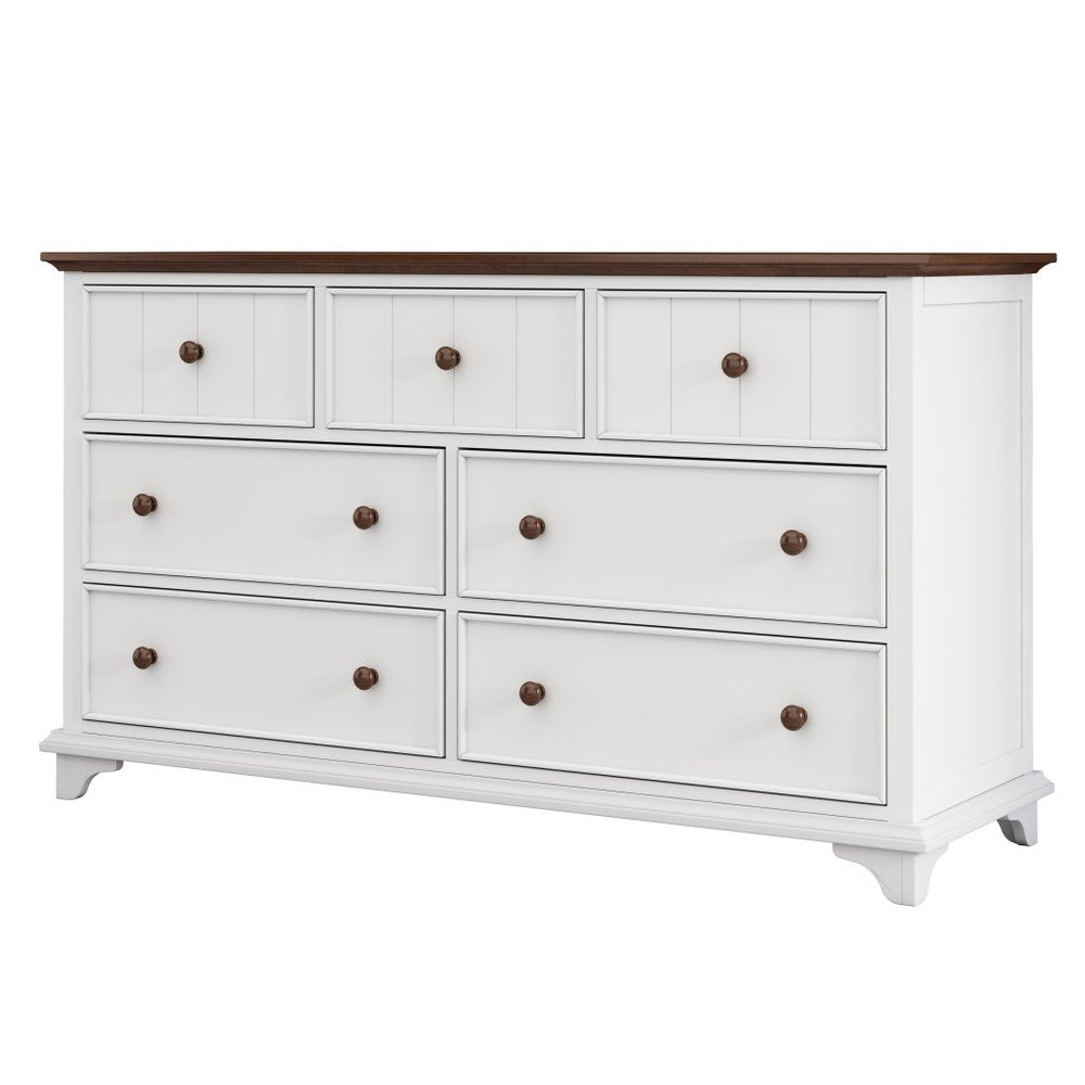 61" White And Walnut Wood Seven Drawer Captains Dresser