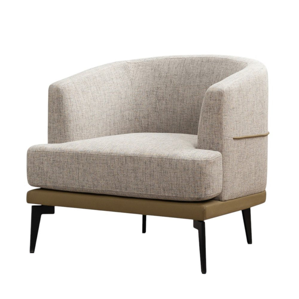 29" Beige Camel and Black Tufted Linen Solid and Manufactured Wood Barrel Chair