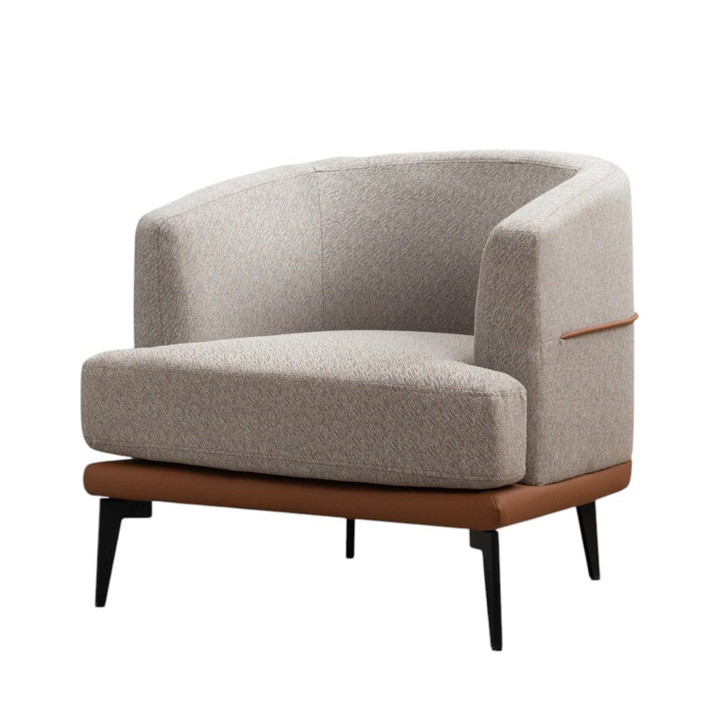 29" Beige Terra Cotta and Black Linen Upholstered Wood Barrel Chair