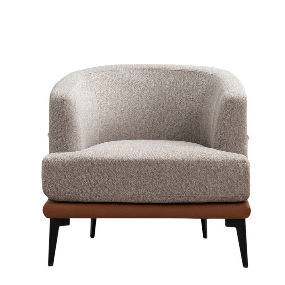 29" Beige Terra Cotta and Black Linen Upholstered Wood Barrel Chair