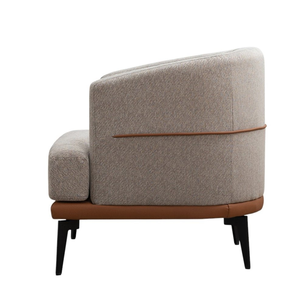 29" Beige Terra Cotta and Black Linen Upholstered Wood Barrel Chair