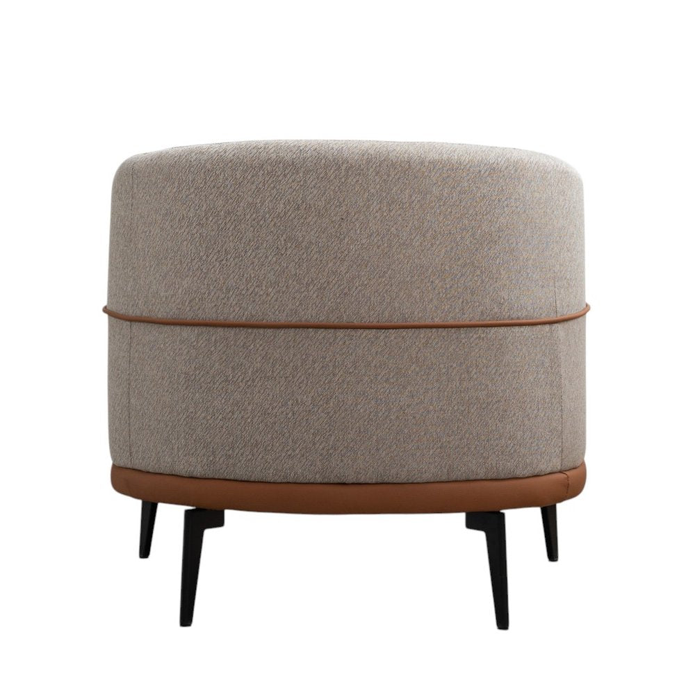 29" Beige Terra Cotta and Black Linen Upholstered Wood Barrel Chair