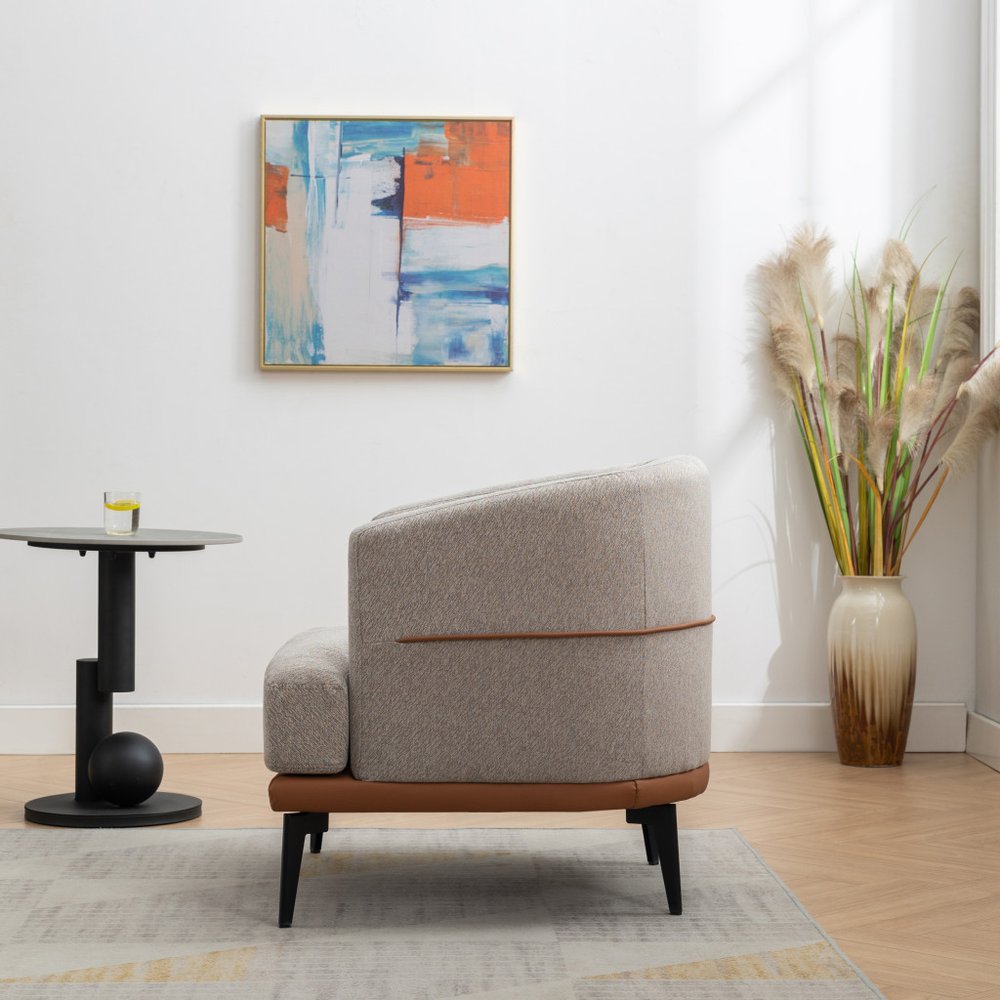 29" Beige Terra Cotta and Black Linen Upholstered Wood Barrel Chair