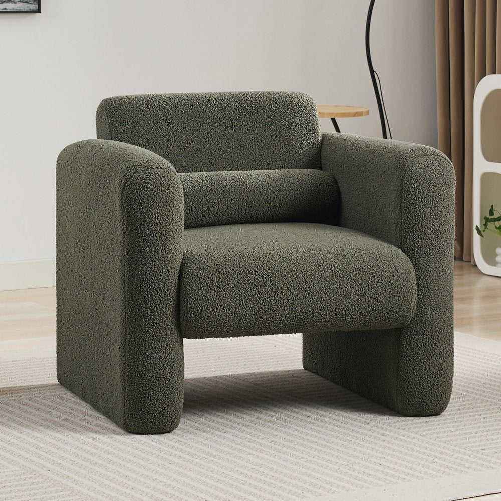 31" Olive Green Boucle Upholstered Arm Chair And Toss Pillow