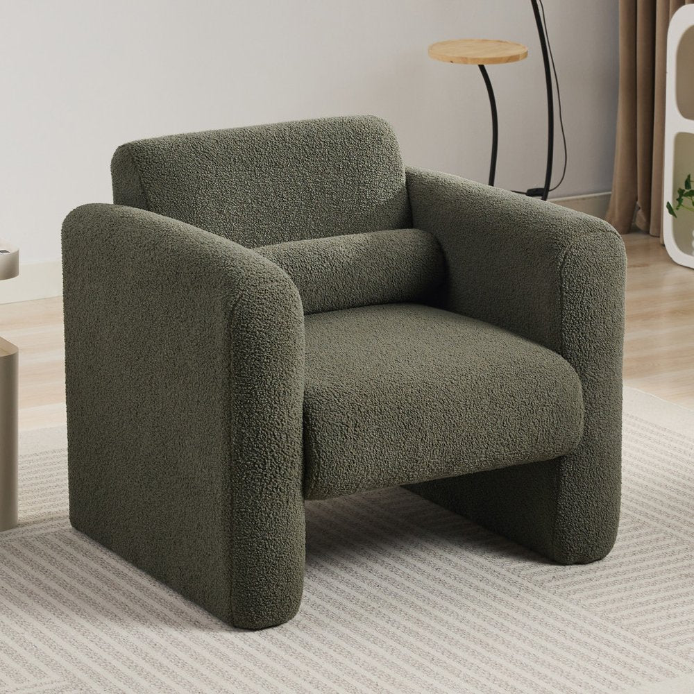 31" Olive Green Boucle Upholstered Arm Chair And Toss Pillow