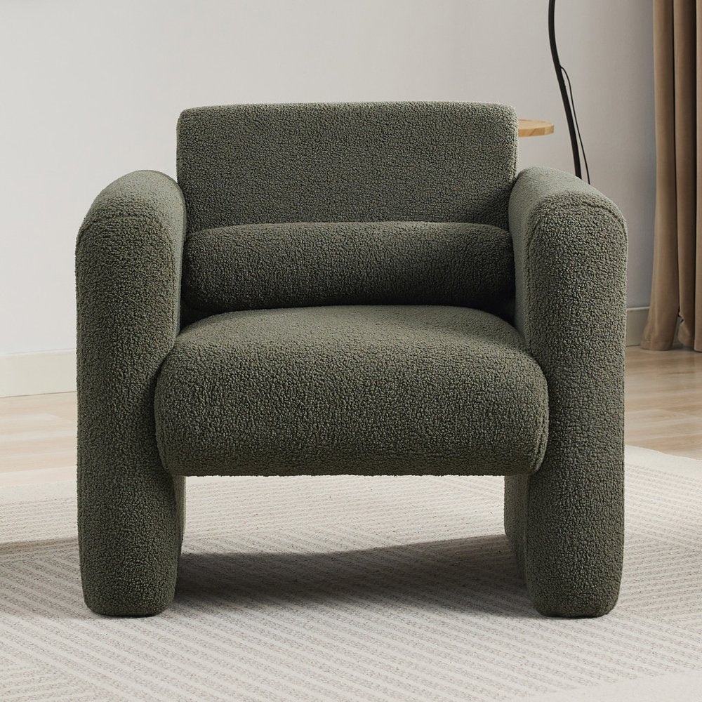 31" Olive Green Boucle Upholstered Arm Chair And Toss Pillow