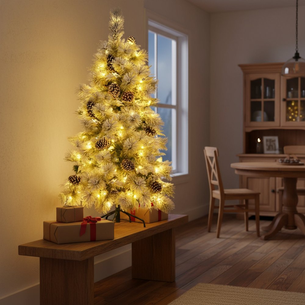 4' Pre Lit Extra Full Frosted Pine Christmas Tree With Decorations