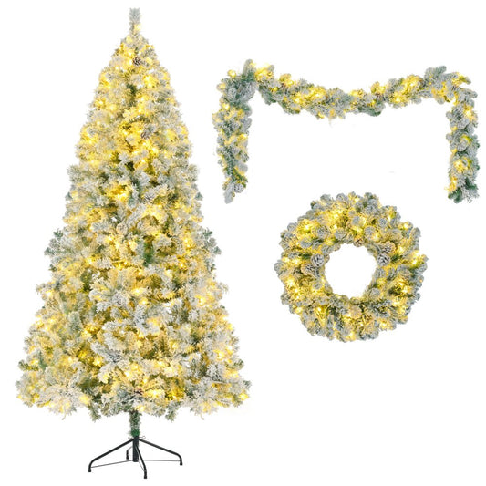 Three Piece Pre Lit Extra Full Frosted Pine Christmas Tree With Garland And Wreath Set