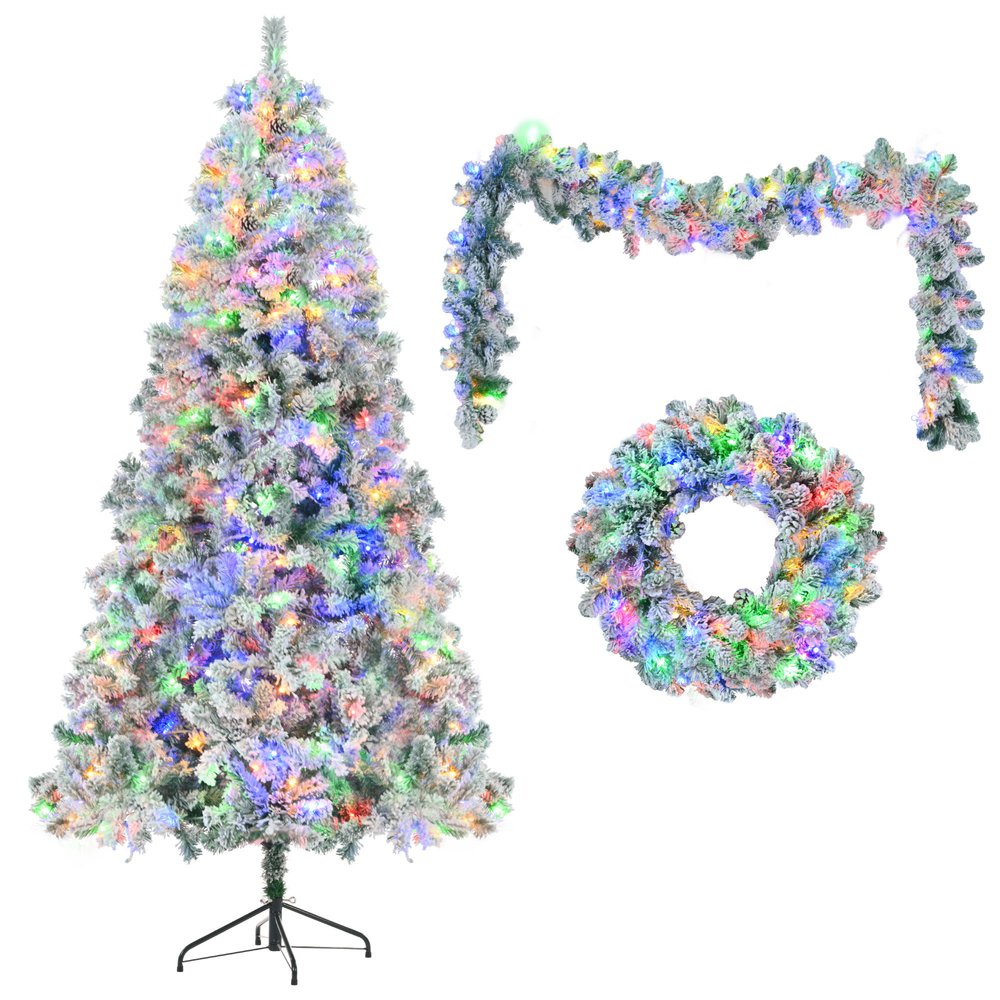 Three Piece Pre Lit Extra Full Frosted Pine Christmas Tree With Garland And Wreath Set