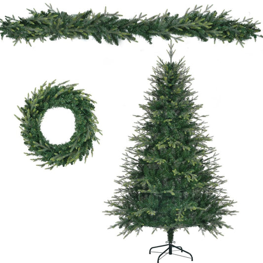 Three Piece Pre Lit Extra Full Frosted Pine Christmas Tree With Garland And Wreath Set