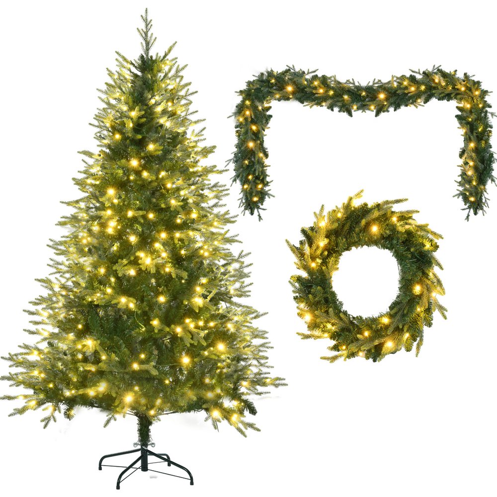 Three Piece Pre Lit Extra Full Frosted Pine Christmas Tree With Garland And Wreath Set