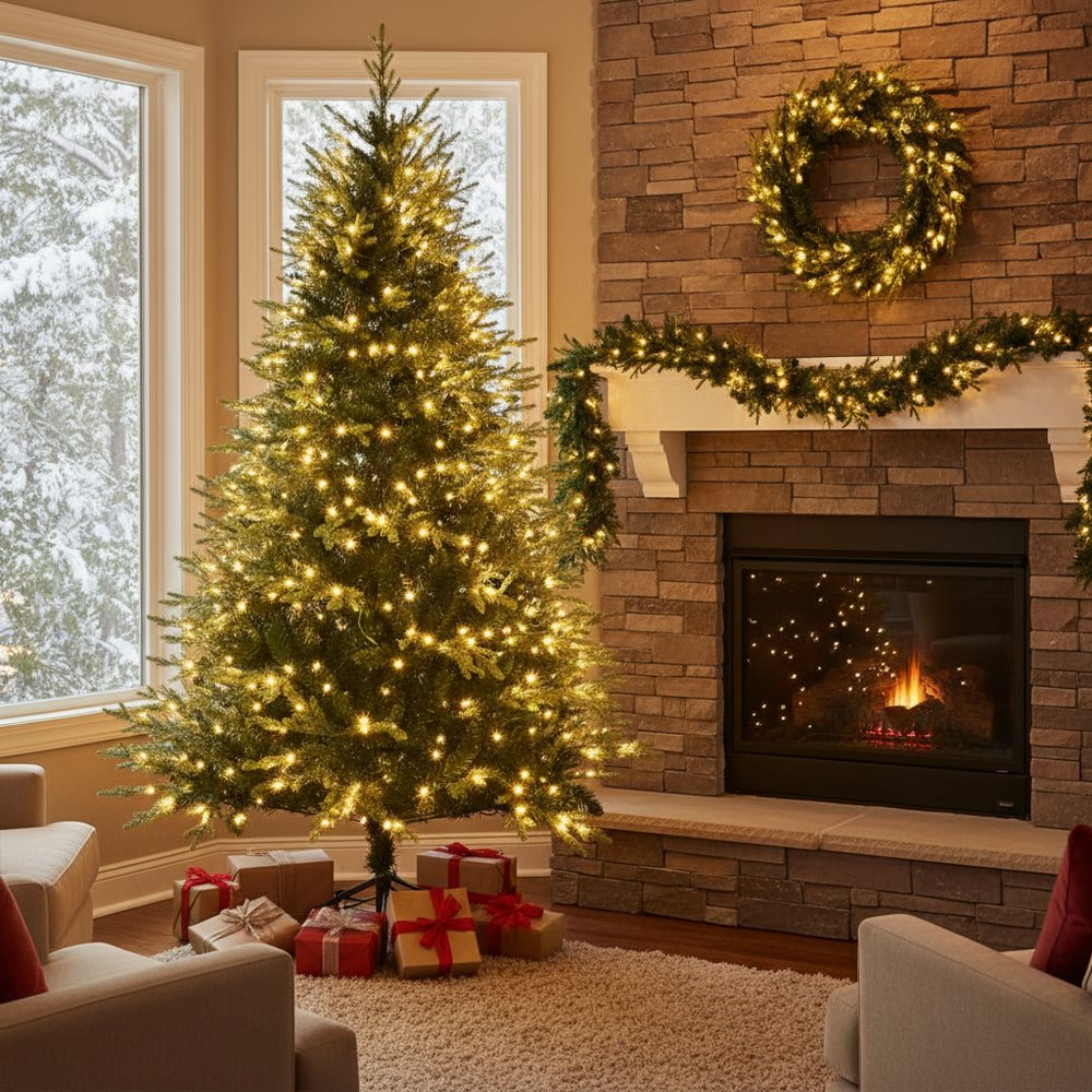 Three Piece Pre Lit Extra Full Frosted Pine Christmas Tree With Garland And Wreath Set