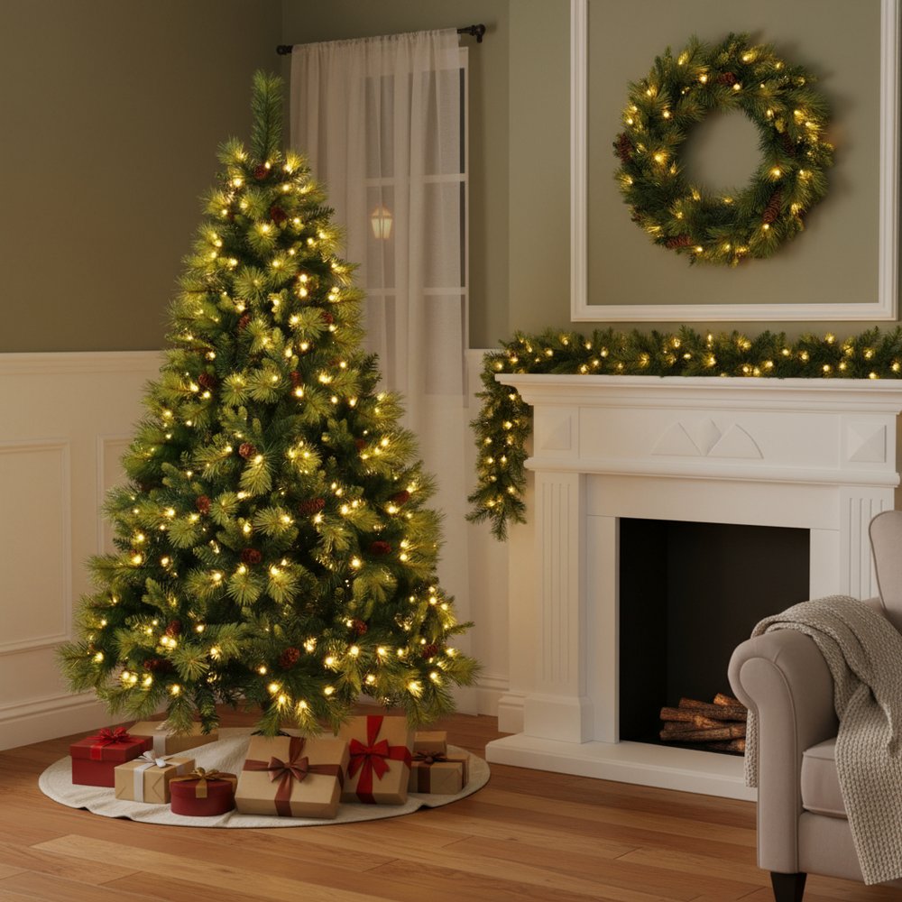 6' Pre Lit Extra Full Pine Christmas Tree With Garland And Wreath Set
