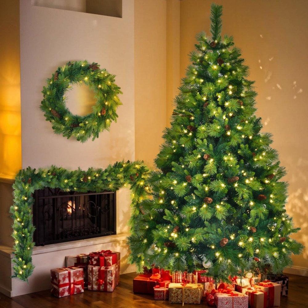 6' Pre Lit Extra Full Pine Christmas Tree With Garland And Wreath Set