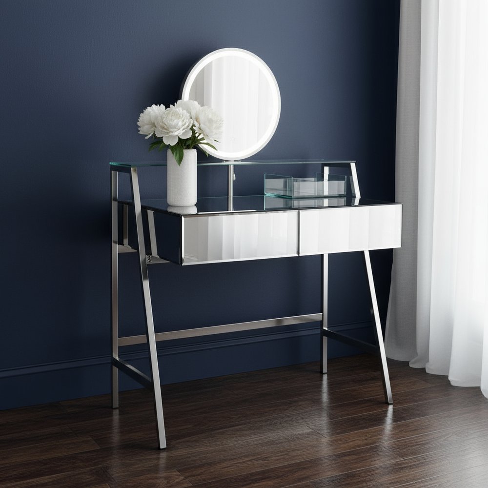 34" Silver Mirrored Glass and Stainless Steel Two Drawer Vanity Table With Mirror And Lights