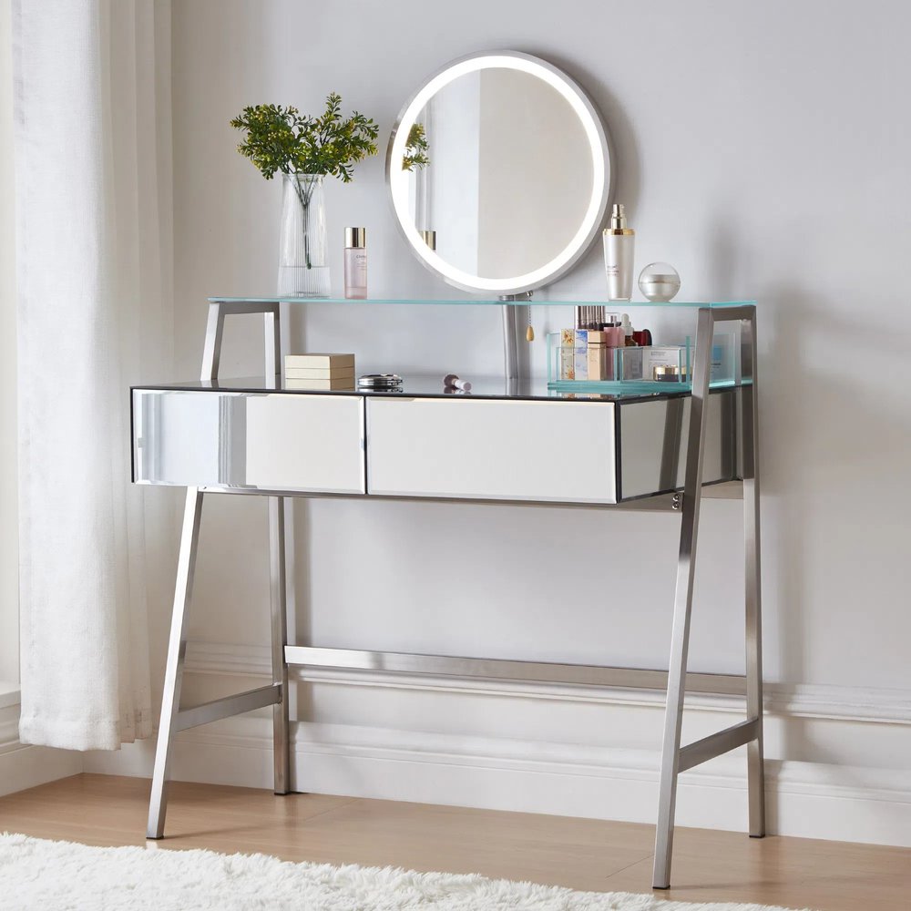 34" Silver Mirrored Glass and Stainless Steel Two Drawer Vanity Table With Mirror And Lights