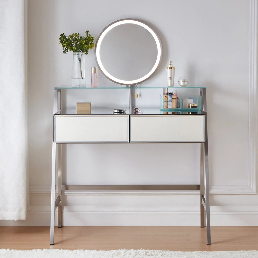 34" Silver Mirrored Glass and Stainless Steel Two Drawer Vanity Table With Mirror And Lights