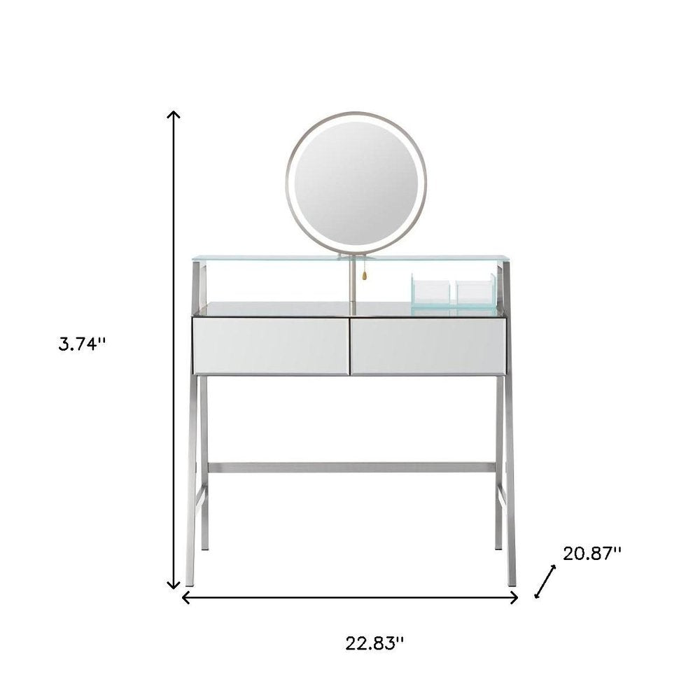 34" Silver Mirrored Glass and Stainless Steel Two Drawer Vanity Table With Mirror And Lights