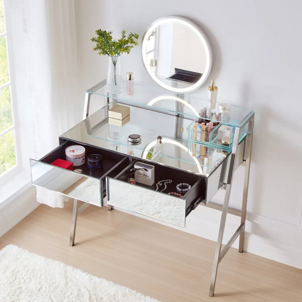 34" Silver Mirrored Glass and Stainless Steel Two Drawer Vanity Table With Mirror And Lights