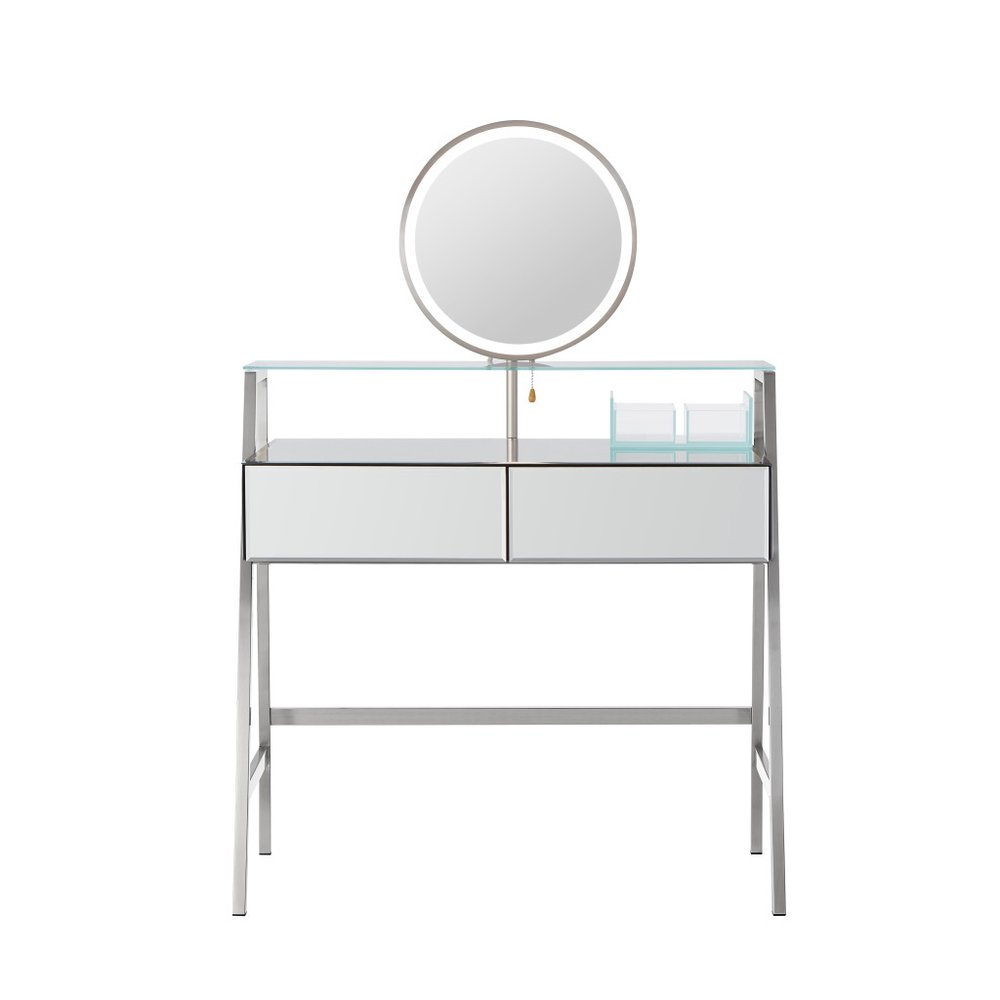 34" Silver Mirrored Glass and Stainless Steel Two Drawer Vanity Table With Mirror And Lights