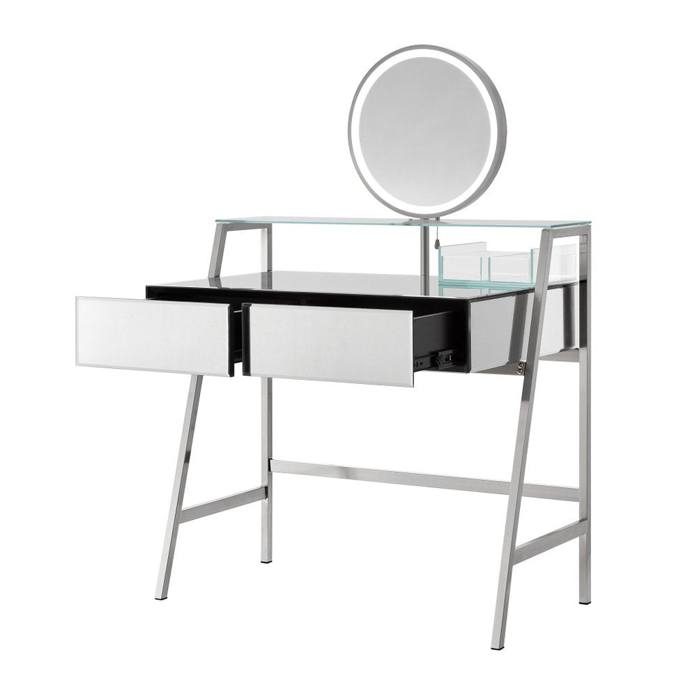 34" Silver Mirrored Glass and Stainless Steel Two Drawer Vanity Table With Mirror And Lights