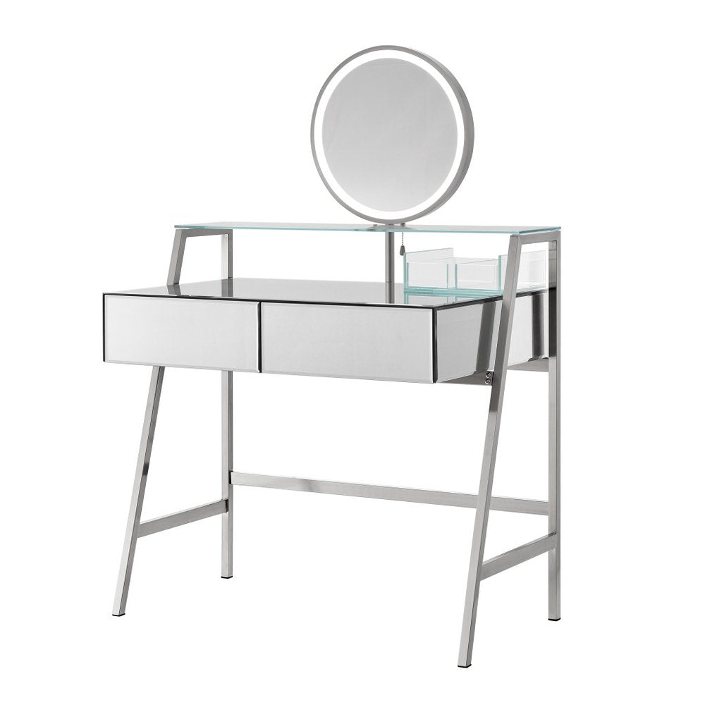 34" Silver Mirrored Glass and Stainless Steel Two Drawer Vanity Table With Mirror And Lights