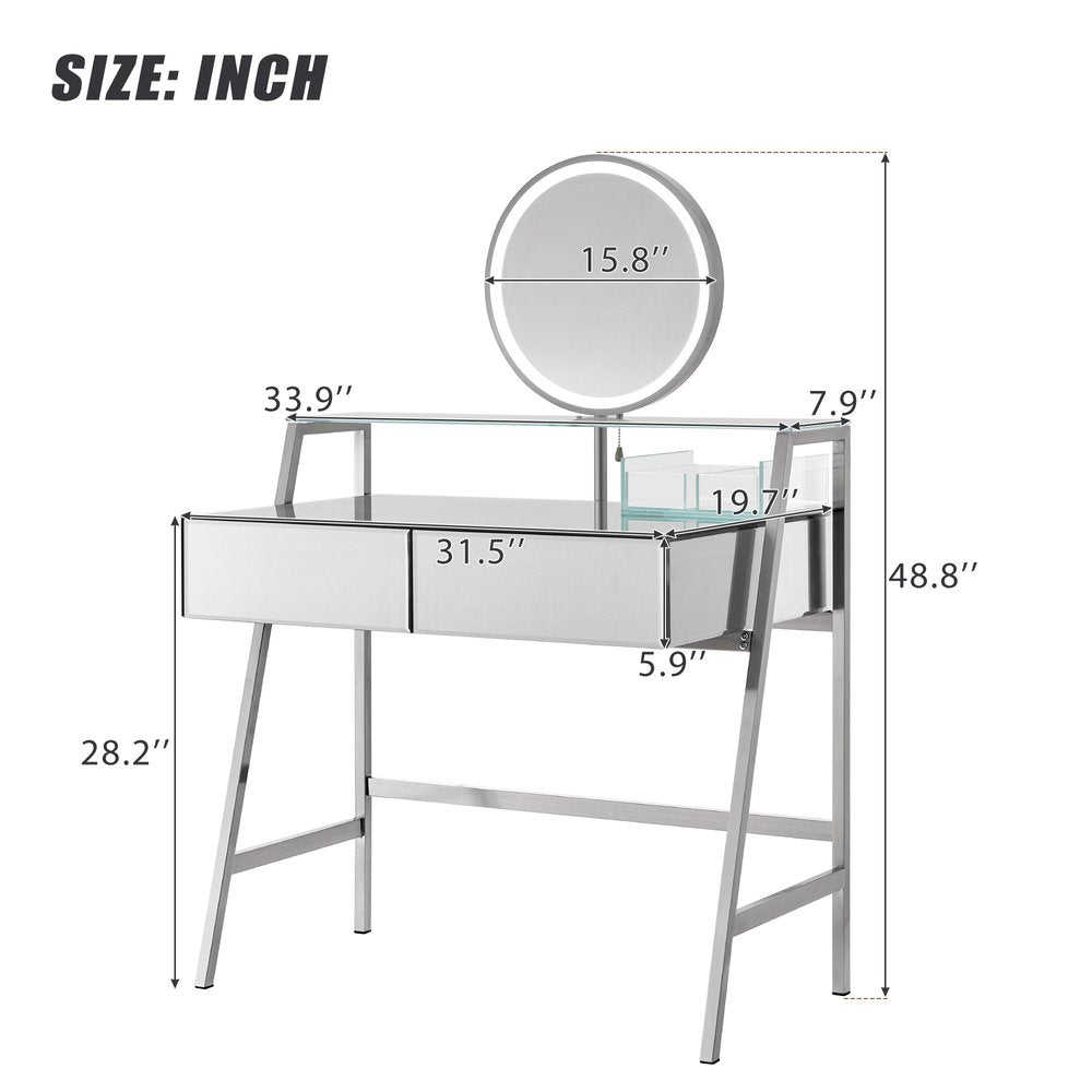 34" Silver Mirrored Glass and Stainless Steel Two Drawer Vanity Table With Mirror And Lights
