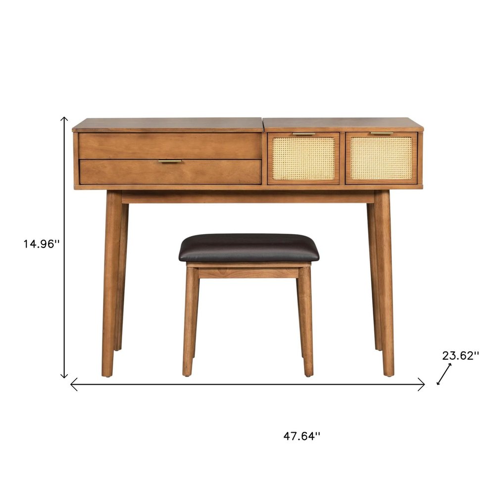 48" Brown Wood Three Drawer Vanity Table With Mirror And Seating