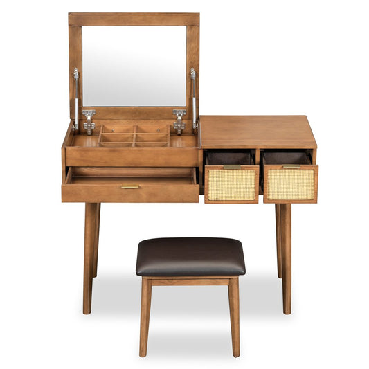 48" Brown Wood Three Drawer Vanity Table With Mirror And Seating