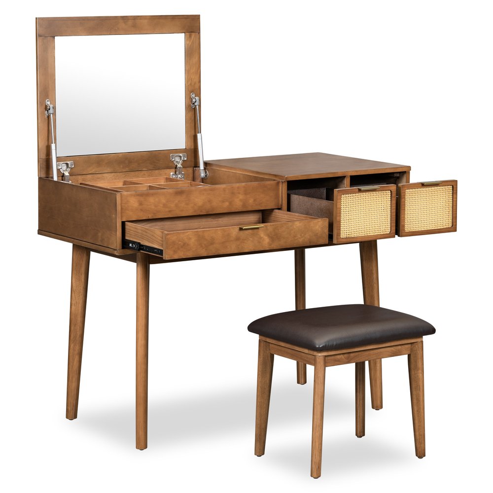 48" Brown Wood Three Drawer Vanity Table With Mirror And Seating