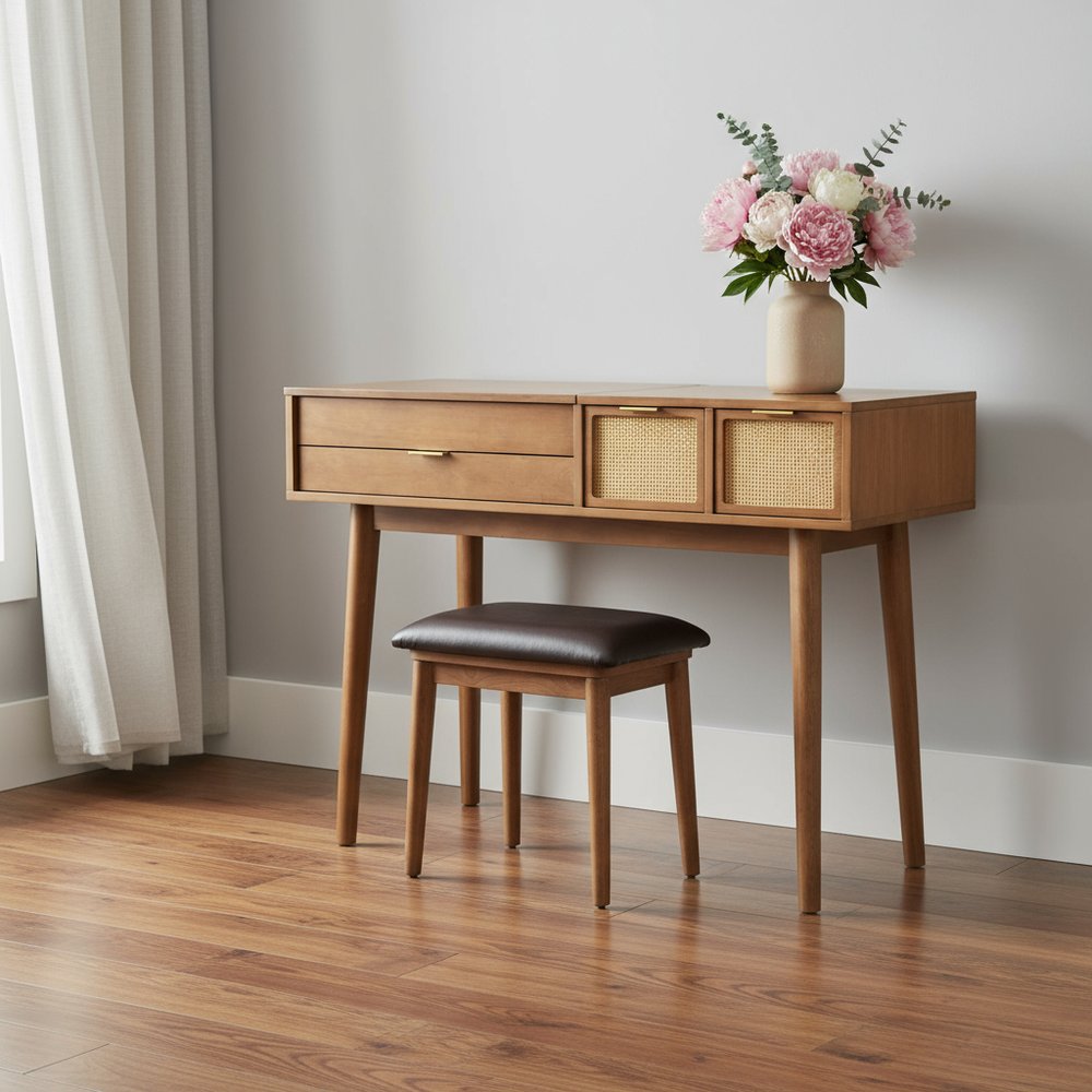 48" Brown Wood Three Drawer Vanity Table With Mirror And Seating