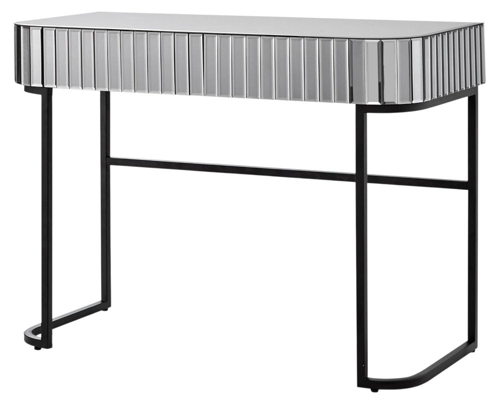 39" Silver And Black Mirrored Glass and Stainless Steel Two Drawer Vanity Table