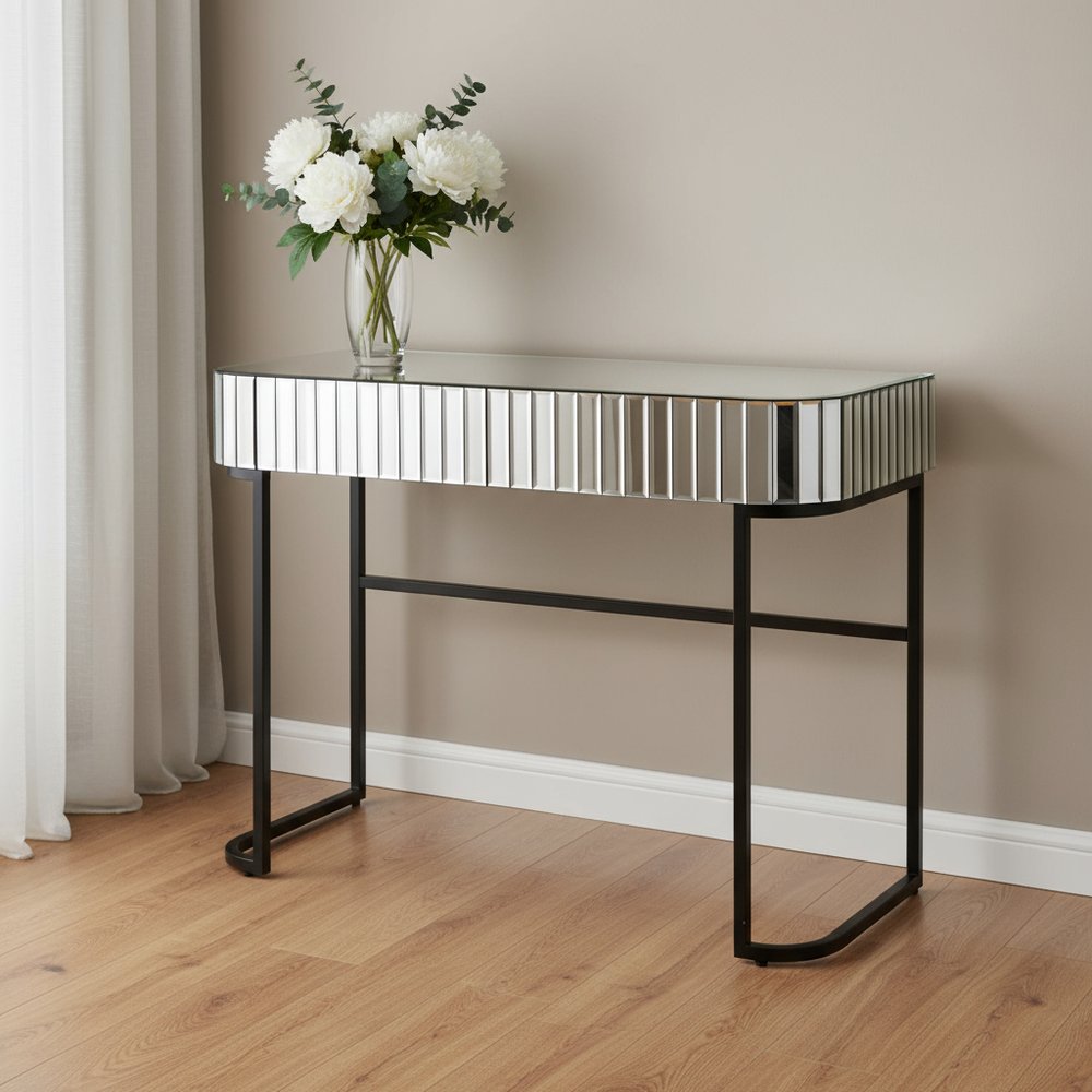 39" Silver And Black Mirrored Glass and Stainless Steel Two Drawer Vanity Table