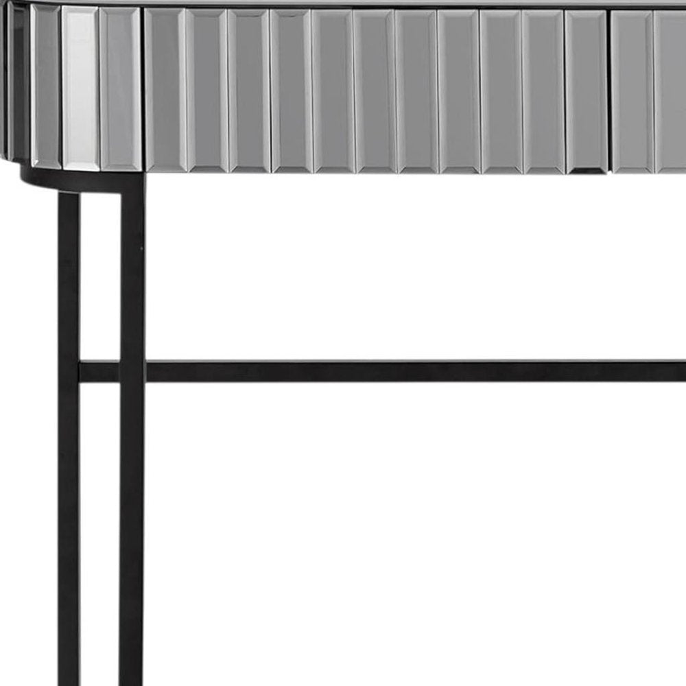 39" Silver And Black Mirrored Glass and Stainless Steel Two Drawer Vanity Table