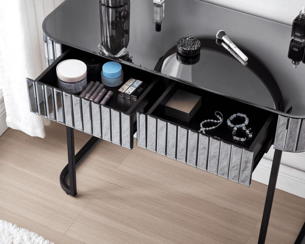 39" Silver And Black Mirrored Glass and Stainless Steel Two Drawer Vanity Table