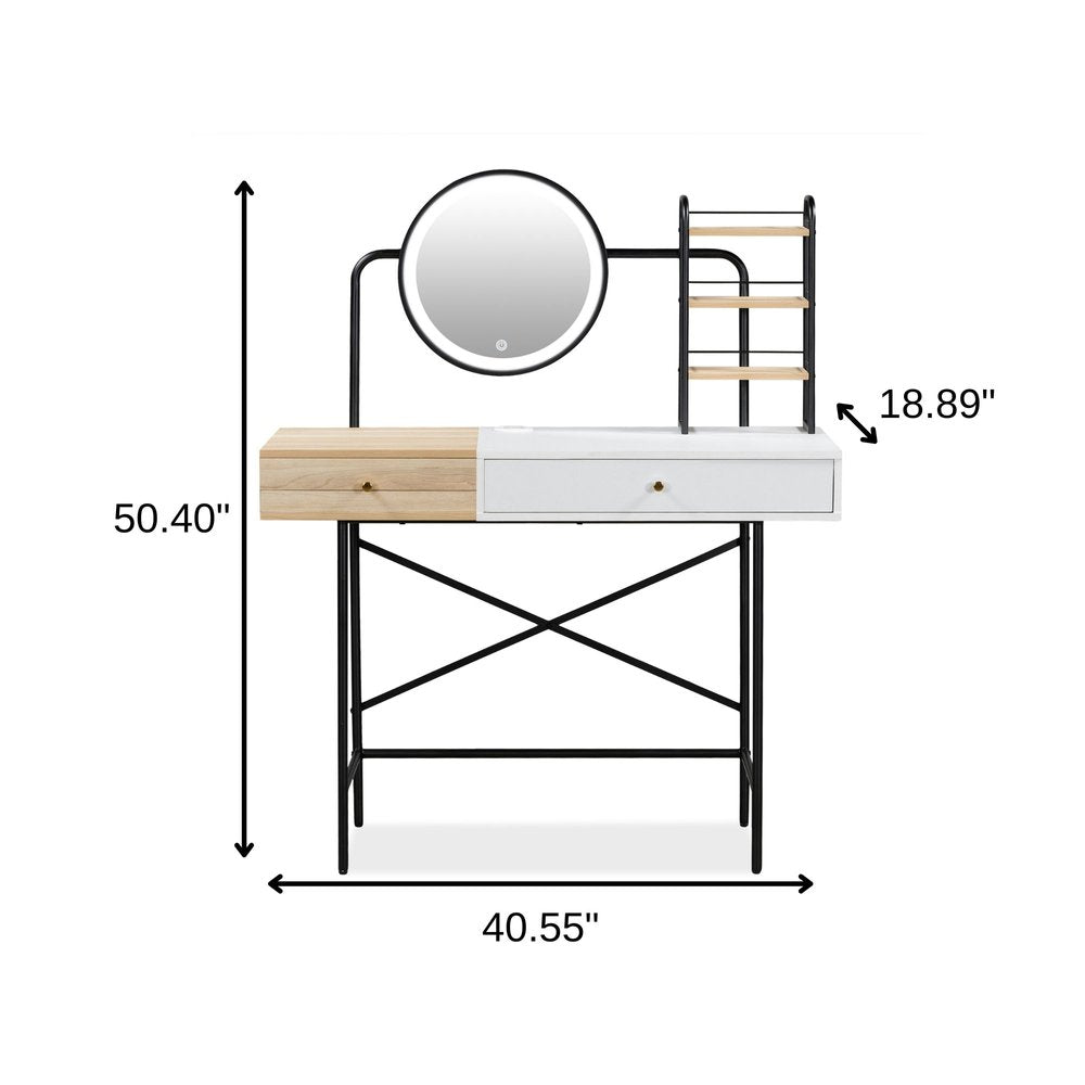 41" Black Natural And White Wood and Iron Vanity Table With Mirror And Lights