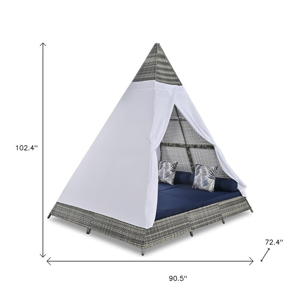 91" Brown And Blue Faux Rattan And Fabric Pyramid Lounge Chair