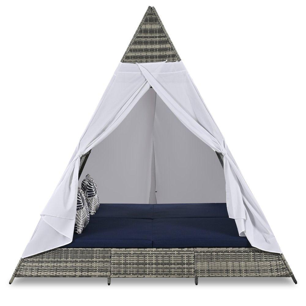 91" Brown And Blue Faux Rattan And Fabric Pyramid Lounge Chair