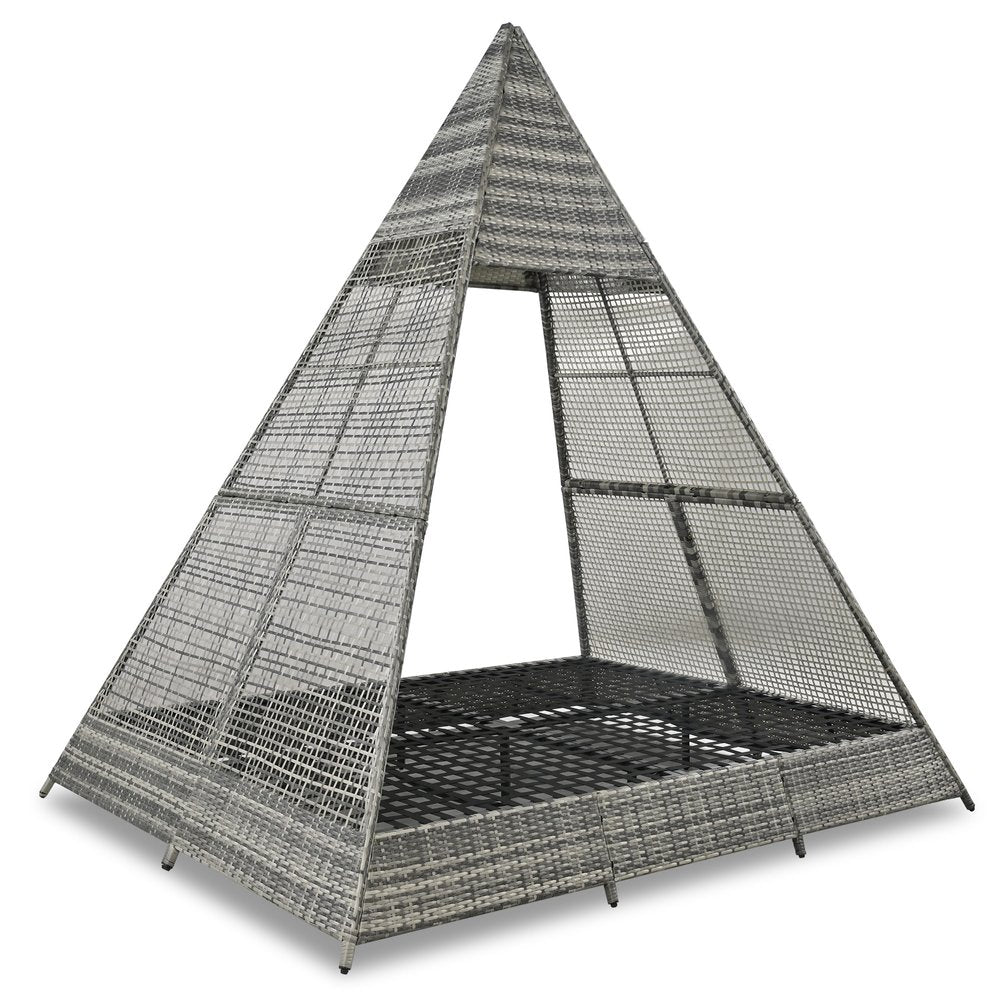 91" Brown And Blue Faux Rattan And Fabric Pyramid Lounge Chair