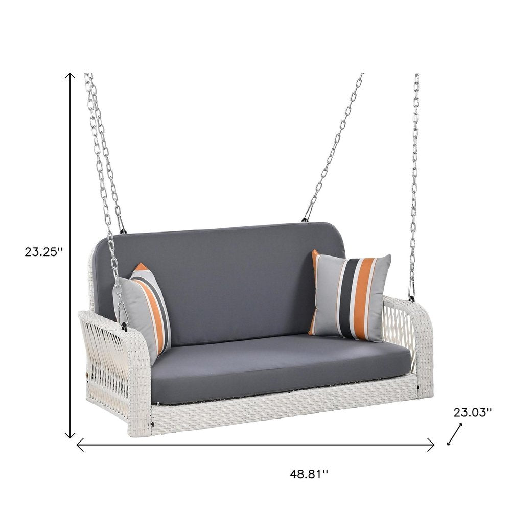 49" White Woven Rattan Outdoor Hanging Swing Chair with Gray Cushions