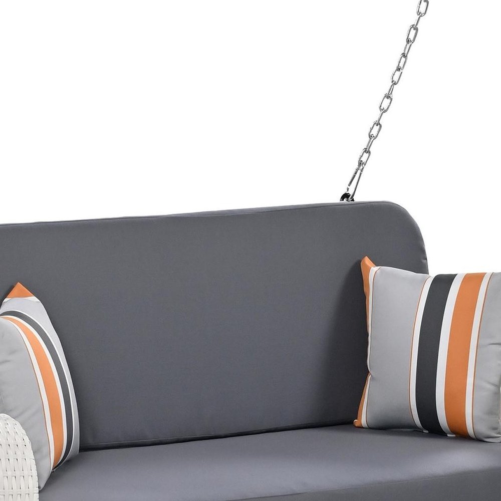 49" White Woven Rattan Outdoor Hanging Swing Chair with Gray Cushions