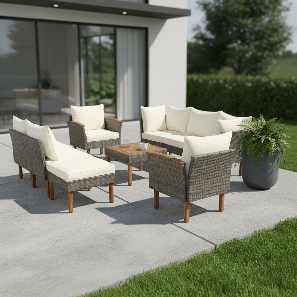 Nine Piece Gray and Beige Rattan Upholstered Cushions Sectional Seating Group With Table