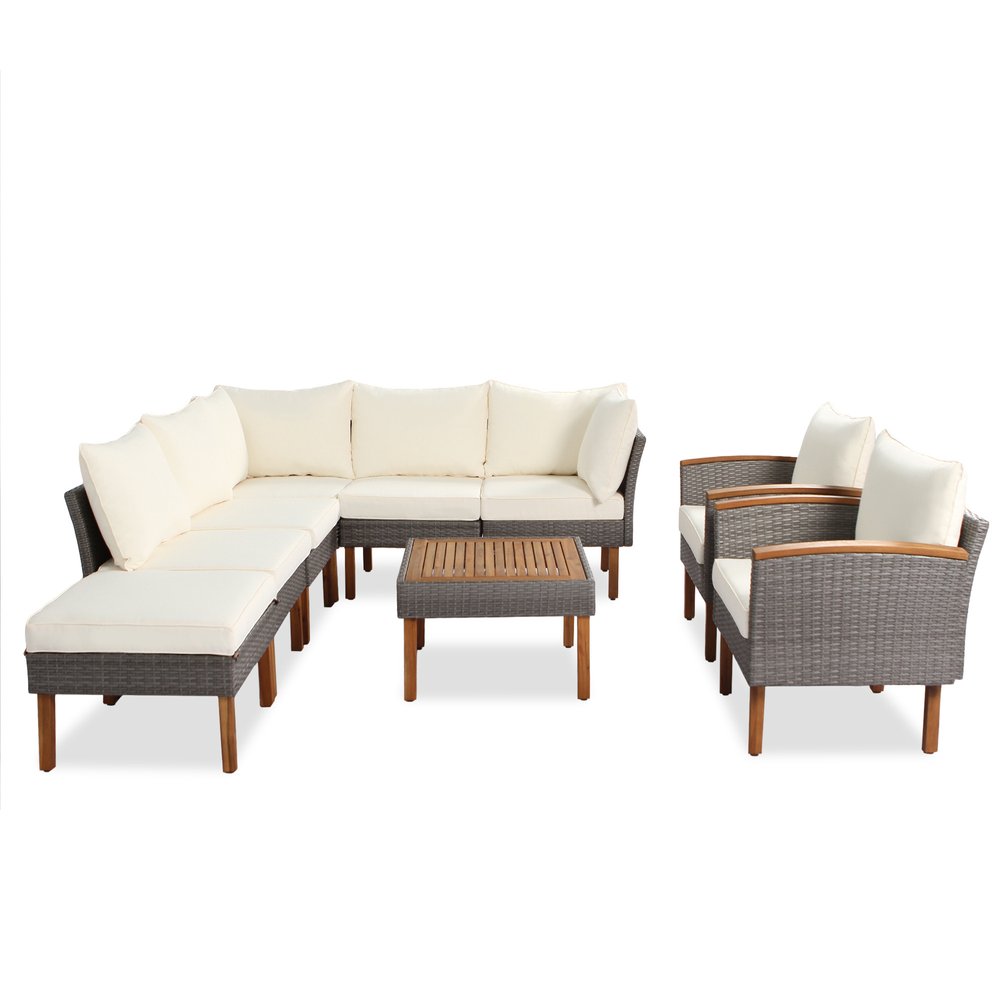 Nine Piece Gray and Beige Rattan Upholstered Cushions Sectional Seating Group With Table
